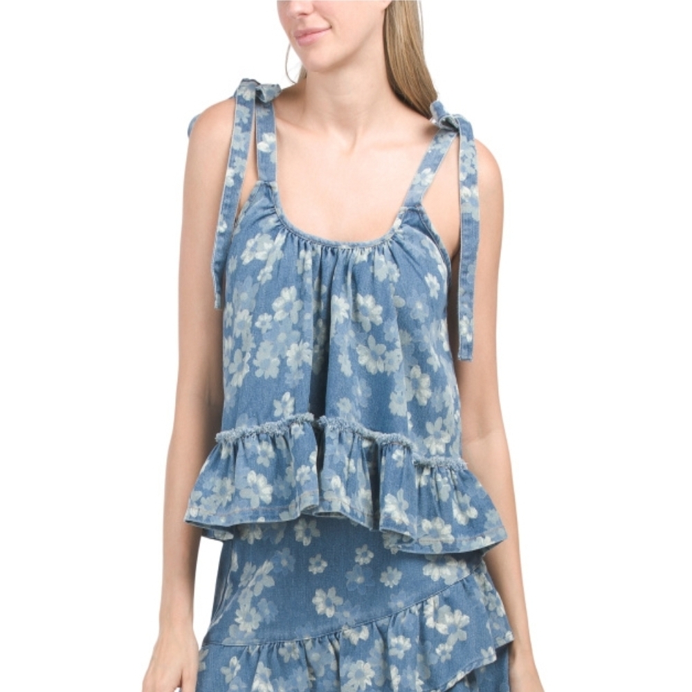 NWT | Jacquie The Label | Floral Denim Ruffle Top | SZ M